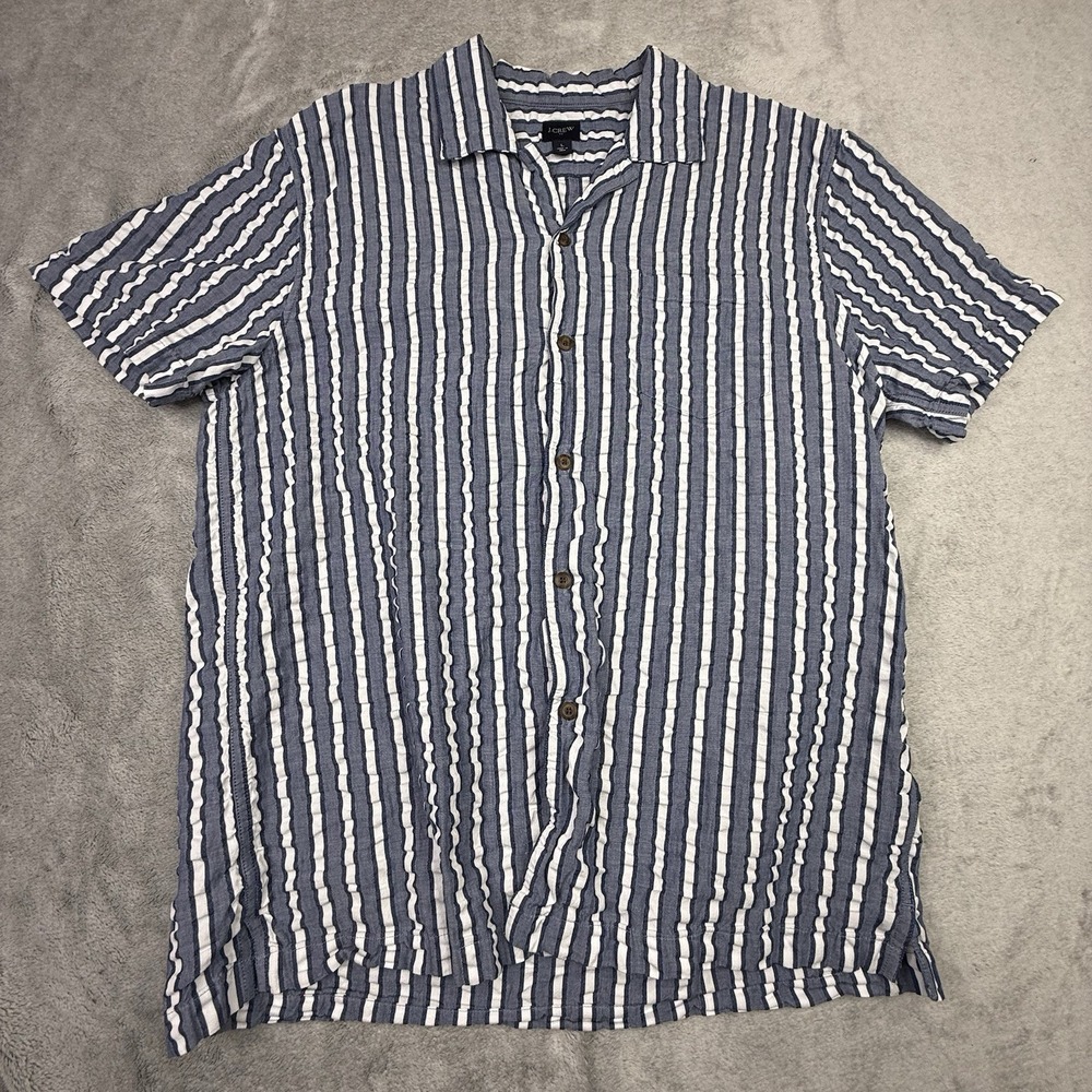 J.Crew Men's Cotton Blue White Striped Short Sleeve Button-Up Shirt Size L